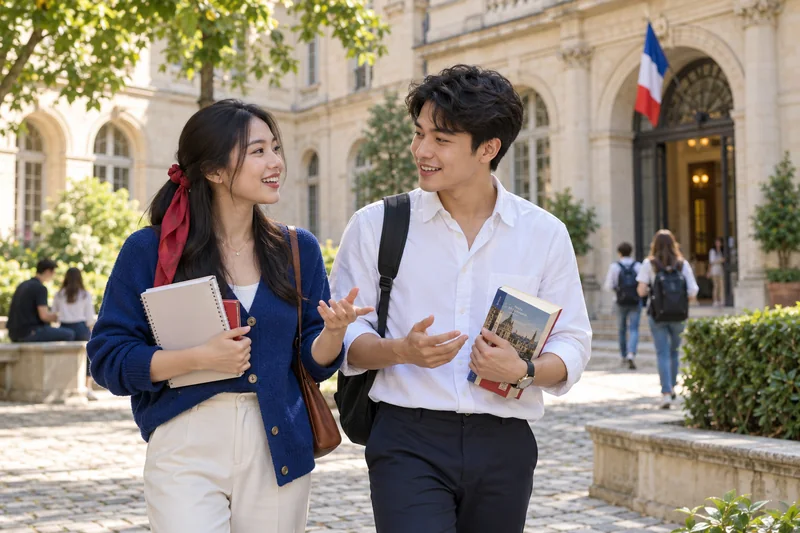 Ảnh minh họa hai sinh viên trao đổi trong khuôn viên đại học tại Pháp