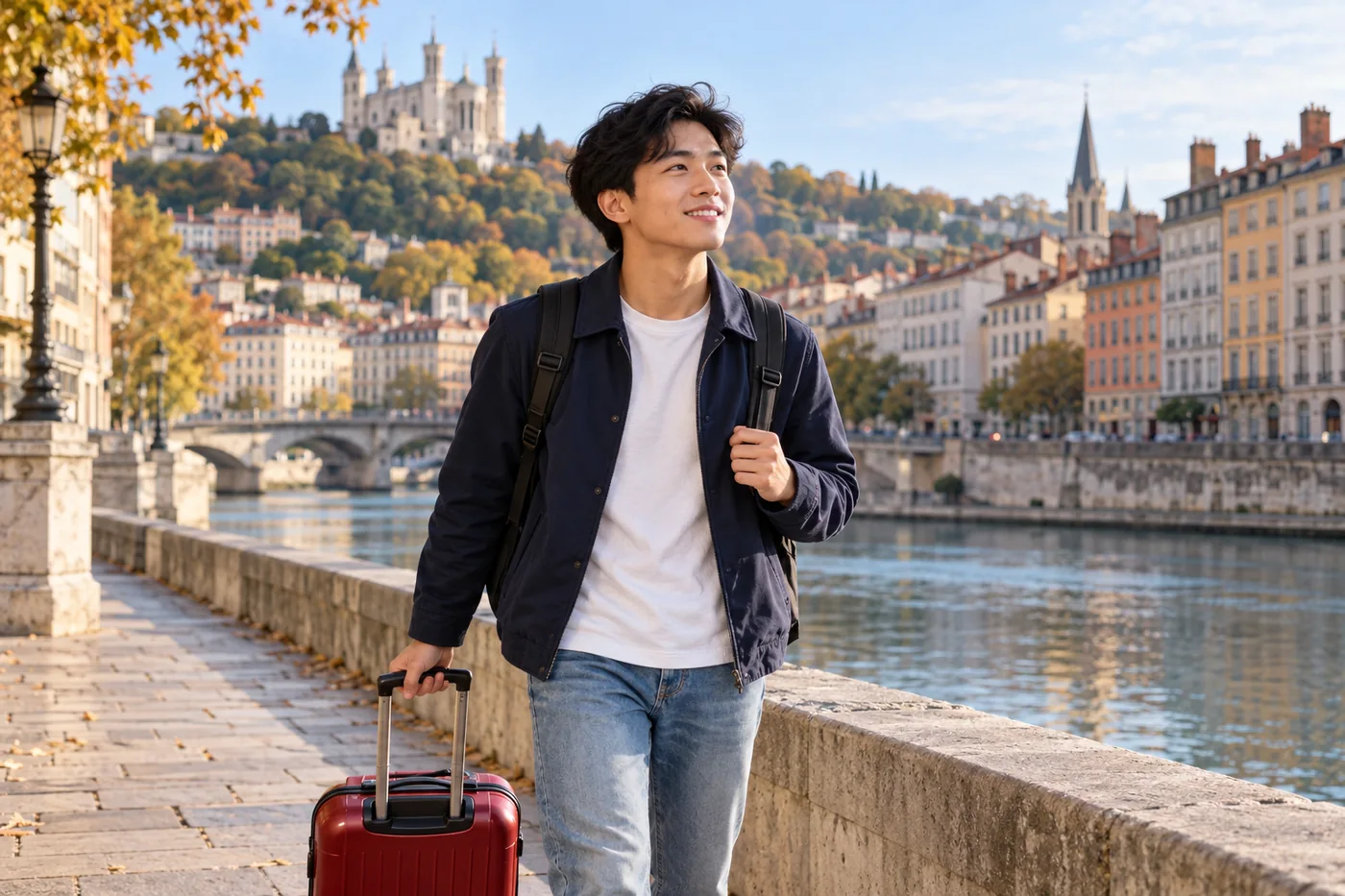 Ảnh AI minh họa một nam sinh viên với vali tại thành phố Lyon, Pháp