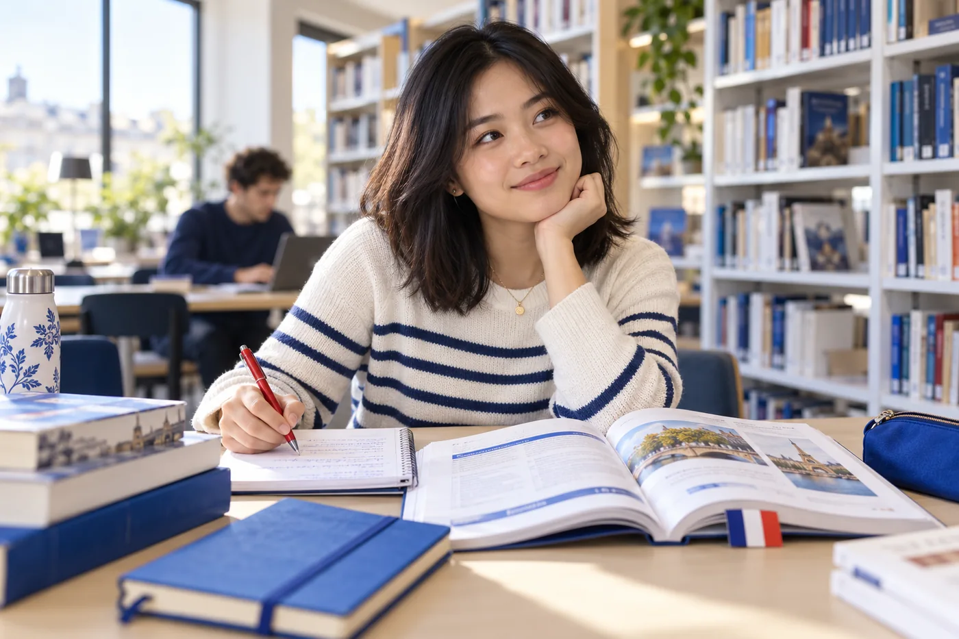 Ảnh AI minh họa một nữ sinh viên học tiếng Pháp trong thư viện