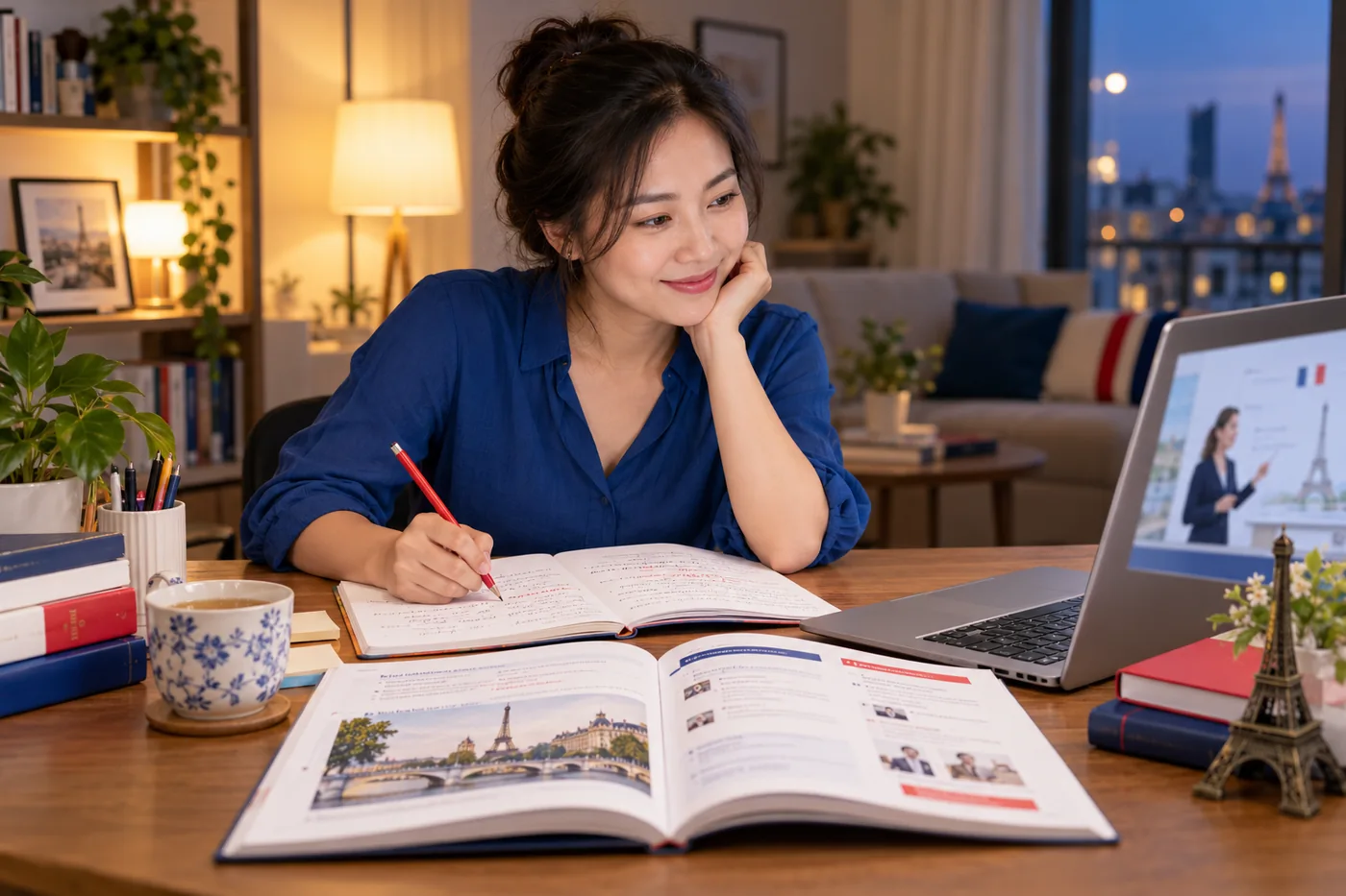 Ảnh AI minh họa một phụ nữ đi làm học tiếng Pháp tại nhà vào buổi tối